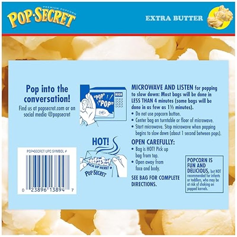 POP SECRET EXTRA BUTTER MICROWAVE POPCORN, 3.2 OZ BAGS, 12 COUNT BUTTERY SNACK FOR MOVIE NIGHTS