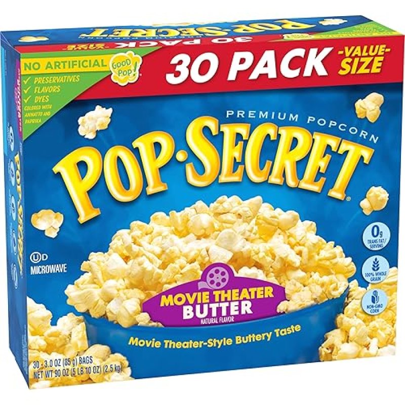 POP SECRET MOVIE THEATER BUTTER MICROWAVE POPCORN, 3OZ SHARING BAGS, 30 COUNT BOX