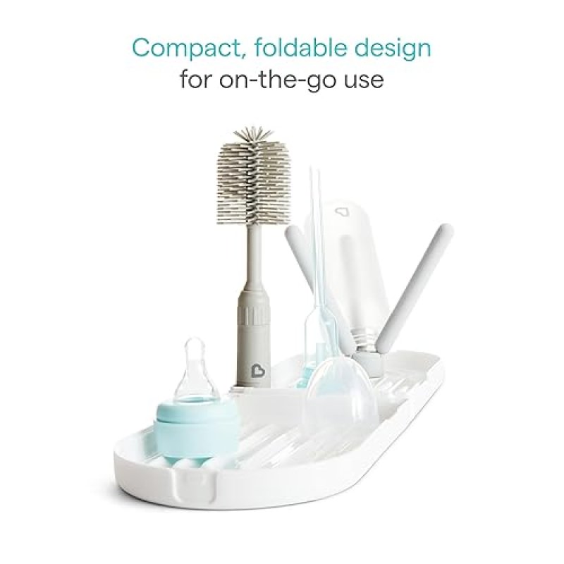 MUNCHKIN TRAVEL BABY BOTTLE DRYING RACK SILICONE BRUSH COMPACT, FOLDABLE, PORTABLE DESIGN