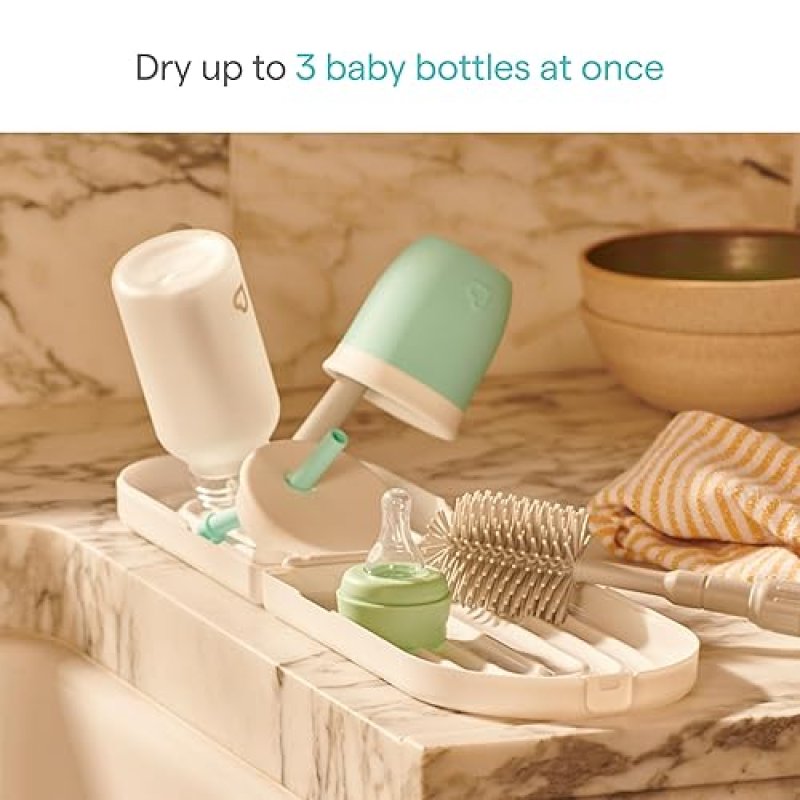 MUNCHKIN TRAVEL BABY BOTTLE DRYING RACK SILICONE BRUSH COMPACT, FOLDABLE, PORTABLE DESIGN