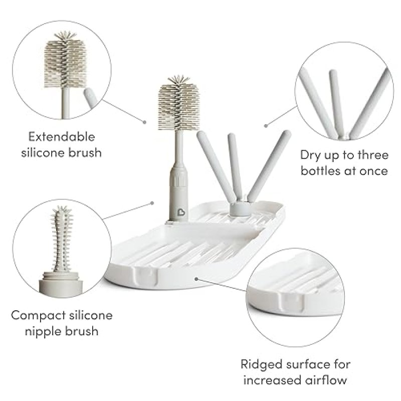 MUNCHKIN TRAVEL BABY BOTTLE DRYING RACK SILICONE BRUSH COMPACT, FOLDABLE, PORTABLE DESIGN