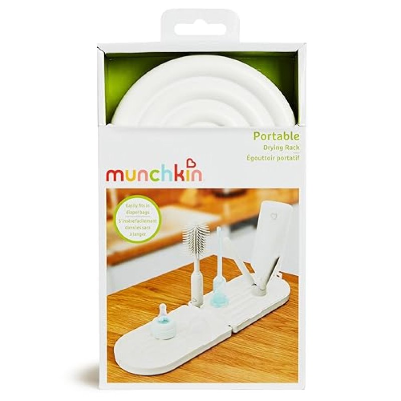 MUNCHKIN TRAVEL BABY BOTTLE DRYING RACK SILICONE BRUSH COMPACT, FOLDABLE, PORTABLE DESIGN