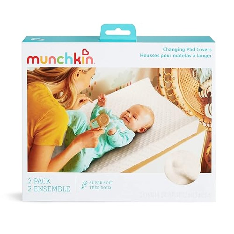 MUNCHKIN DIAPER CHANGING PAD COVERS 2 PACK, WHITE FITS STANDARD CONTOURED CHANGING PADS, SOFT COTTON