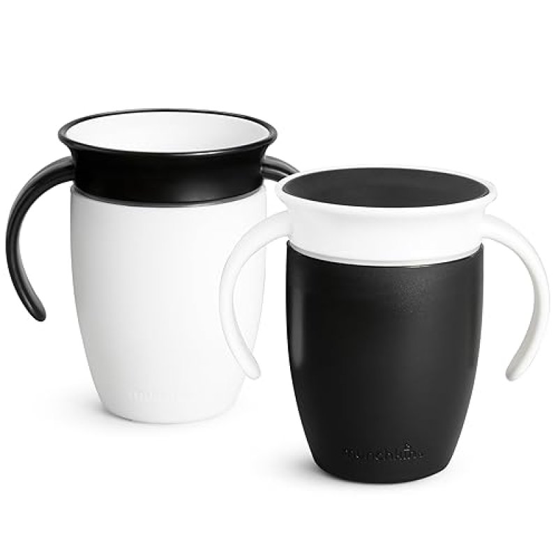 MUNCHKIN MIRACLE 360 SIPPY CUPS FOR 6 MONTHS, SPILL-PROOF, 7OZ, 2-PACK, BLACK WHITE HANDLES