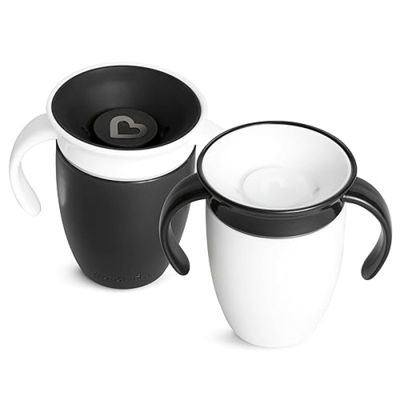 MUNCHKIN MIRACLE 360 SIPPY CUPS FOR 6 MONTHS, SPILL-PROOF, 7OZ, 2-PACK, BLACK WHITE HANDLES