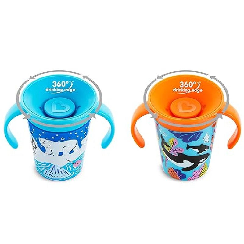 MUNCHKIN MIRACLE 360 WILDLOVE SIPPY CUP 6OZ 2-PACK ORCA POLAR BEAR SPILL-PROOF TODDLER CUPS