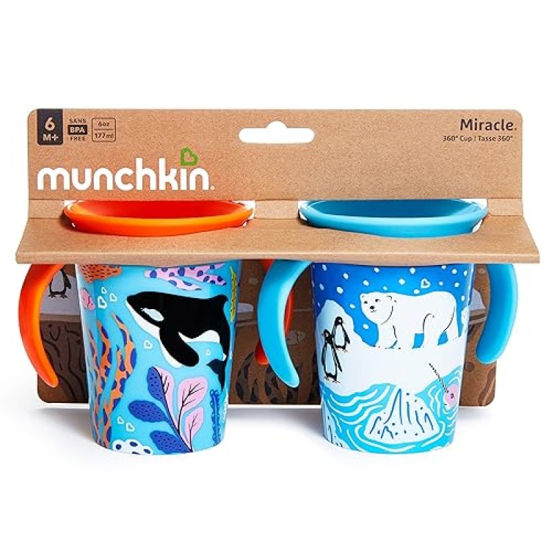 MUNCHKIN MIRACLE 360 WILDLOVE SIPPY CUP 6OZ 2-PACK ORCA POLAR BEAR SPILL-PROOF TODDLER CUPS