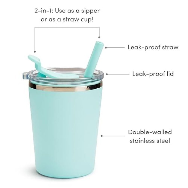 MUNCHKIN STEEL MY HEART 2-IN-1 STAINLESS STEEL TODDLER SIPPY CUP, SPILL-PROOF STRAW, 8OZ, TEAL BLUE