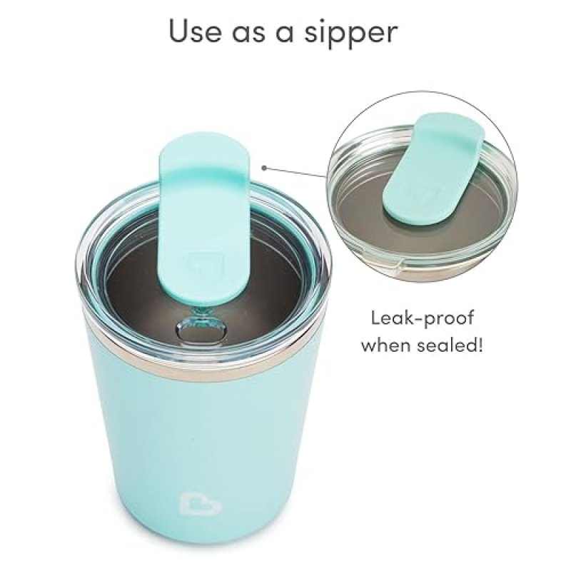 MUNCHKIN STEEL MY HEART 2-IN-1 STAINLESS STEEL TODDLER SIPPY CUP, SPILL-PROOF STRAW, 8OZ, TEAL BLUE