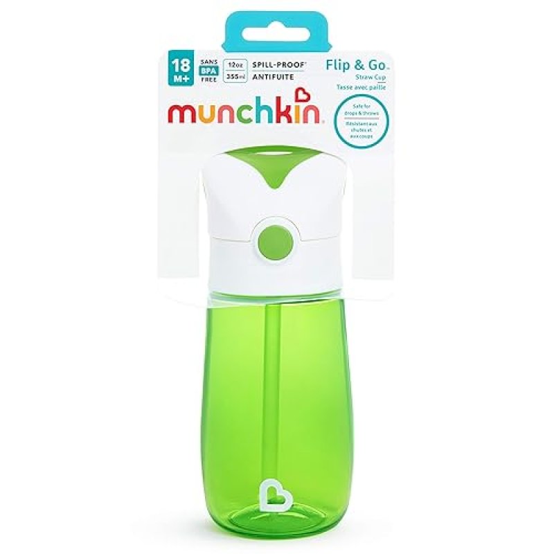 MUNCHKIN FLIP AND GO TRITAN STRAW CUP FOR KIDS, 12OZ SPILL-PROOF WATER BOTTLE, GREEN