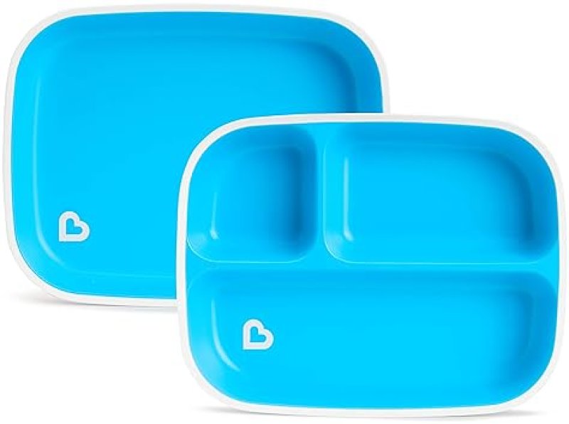 MUNCHKIN COLOR ME HUNGRY 7-PIECE TODDLER FEEDING SET PLATES, BOWL, CUP UTENSILS, BLUE GIFT BOX
