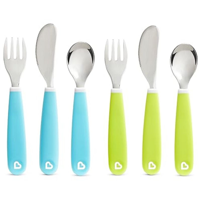 MUNCHKIN SPLASH TODDLER UTENSIL SET, 6 PACK FORK, KNIFE SPOON, BLUE GREEN, KIDS FLATWARE