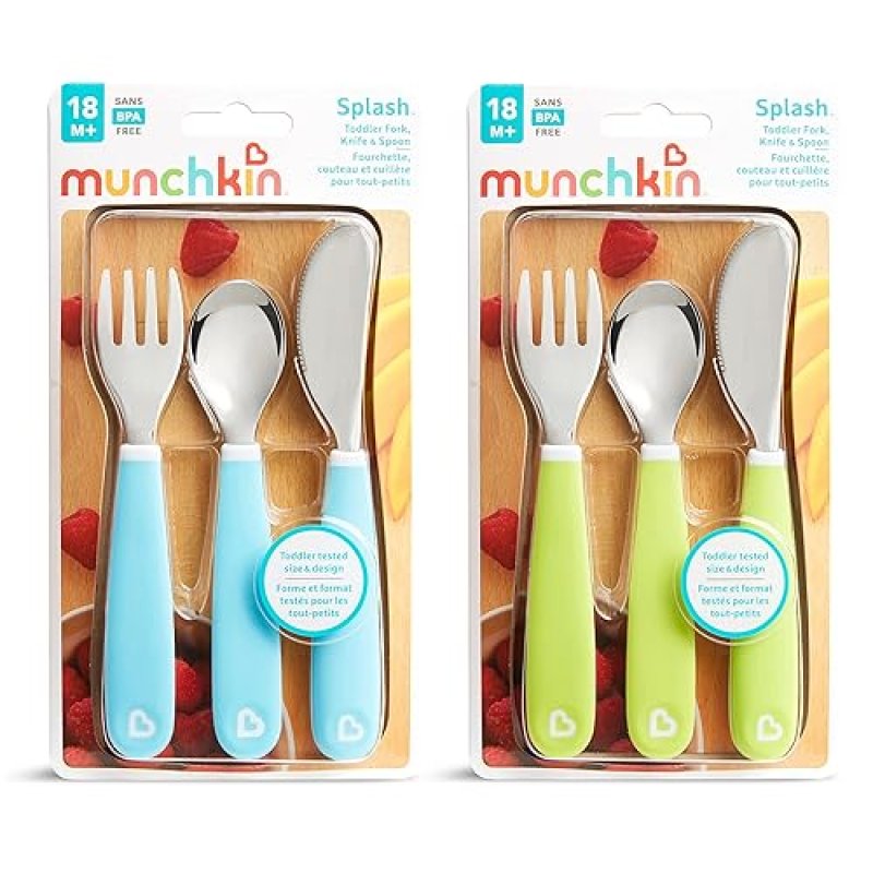 MUNCHKIN SPLASH TODDLER UTENSIL SET, 6 PACK FORK, KNIFE SPOON, BLUE GREEN, KIDS FLATWARE