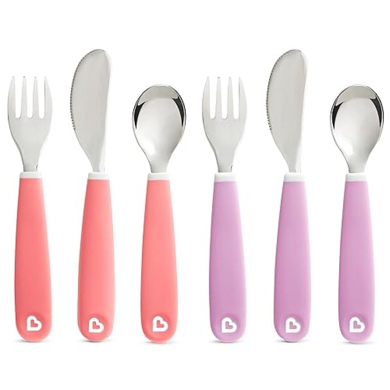 MUNCHKIN SPLASH TODDLER UTENSIL SET, 6-PACK PINK PURPLE FORK, KNIFE SPOON FOR KIDS