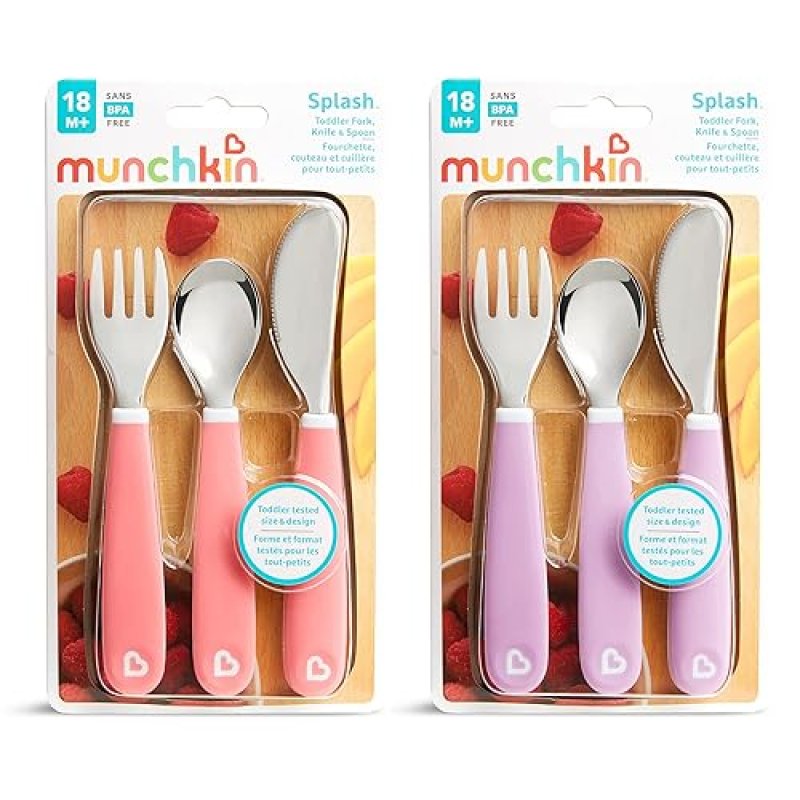 MUNCHKIN SPLASH TODDLER UTENSIL SET, 6-PACK PINK PURPLE FORK, KNIFE SPOON FOR KIDS