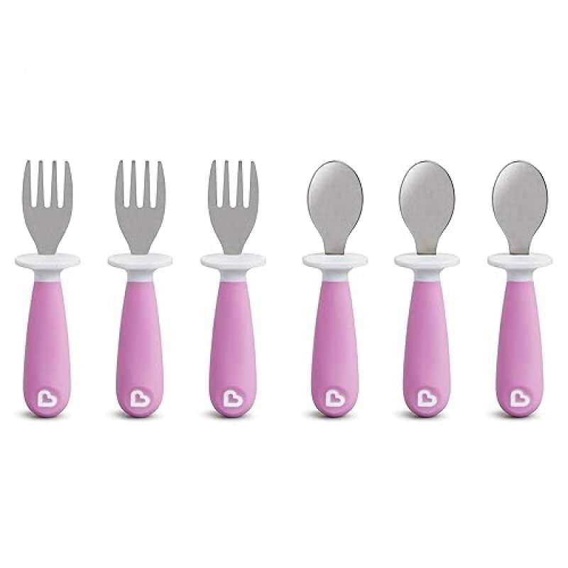 MUNCHKIN RAISE TODDLER FORK AND SPOON SET, BPA FREE, KEEPS TIPS OFF TABLE, 6 PACK, PURPLE