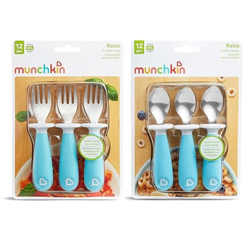 MUNCHKIN RAISE TODDLER FORK SPOON SET, BPA-FREE, 6-PACK, BLUE, NO-MESS REST, KIDS UTENSILS
