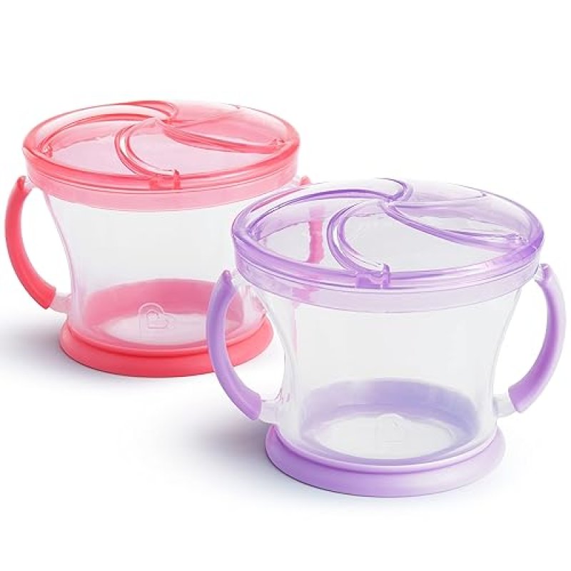 MUNCHKIN TODDLER SNACK SIPPY CUP SET 7OZ WEIGHTED STRAW CUP 9OZ SNACK CATCHERS, PINK PURPLE