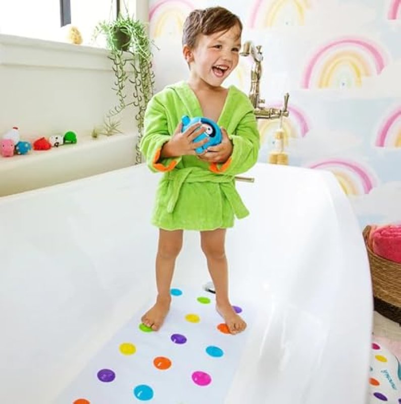 MUNCHKIN DOTS BATH MAT FOR KIDS, NON-SLIP MULTICOLORED TUB MAT, 30.5X14.25