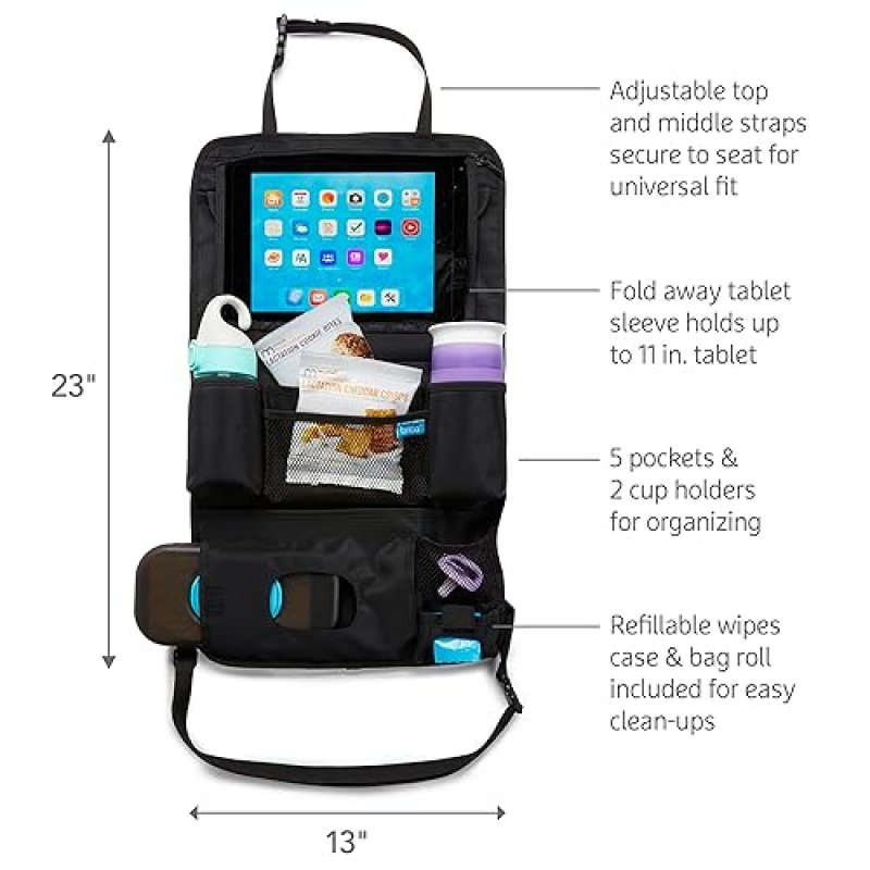MUNCHKIN BRICA CAR BACKSEAT ORGANIZER WITH TABLET HOLDER WIPES CASE, BLACK TRAVEL STORAGE