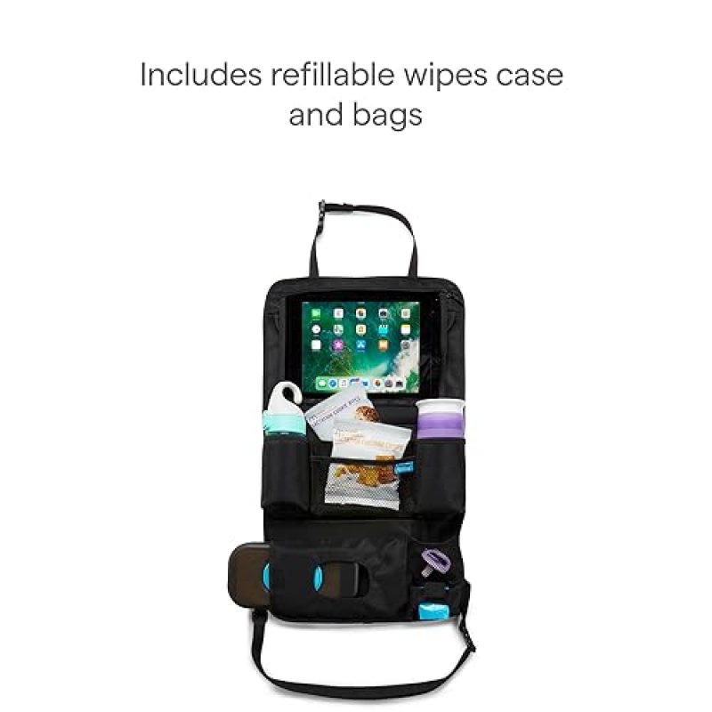 MUNCHKIN BRICA CAR BACKSEAT ORGANIZER WITH TABLET HOLDER WIPES CASE, BLACK TRAVEL STORAGE