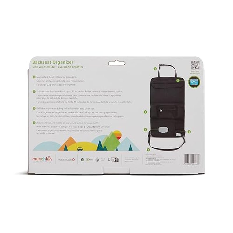 MUNCHKIN BRICA CAR BACKSEAT ORGANIZER WITH TABLET HOLDER WIPES CASE, BLACK TRAVEL STORAGE