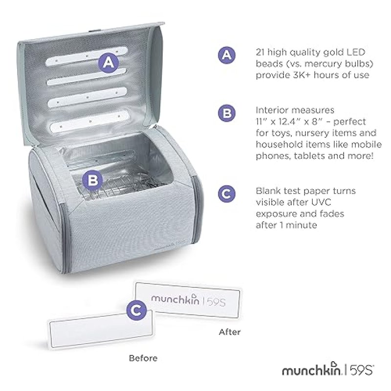 MUNCHKIN 59S UV STERILIZER CLEANING BAG FOR BABY BOTTLES ACCESSORIES, GREY PORTABLE SANITIZER