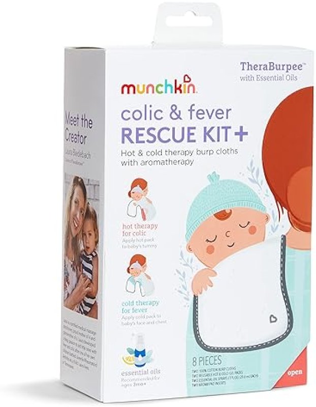 MUNCHKIN THERABURPEE COLIC FEVER RELIEF KIT WITH ESSENTIAL OILS, HOT COLD BURP CLOTHS