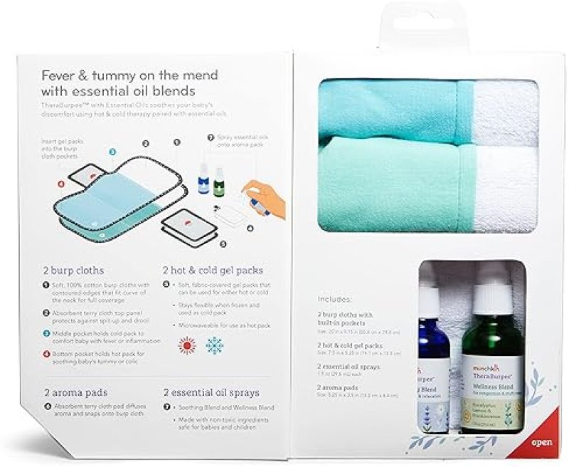 MUNCHKIN THERABURPEE COLIC FEVER RELIEF KIT WITH ESSENTIAL OILS, HOT COLD BURP CLOTHS