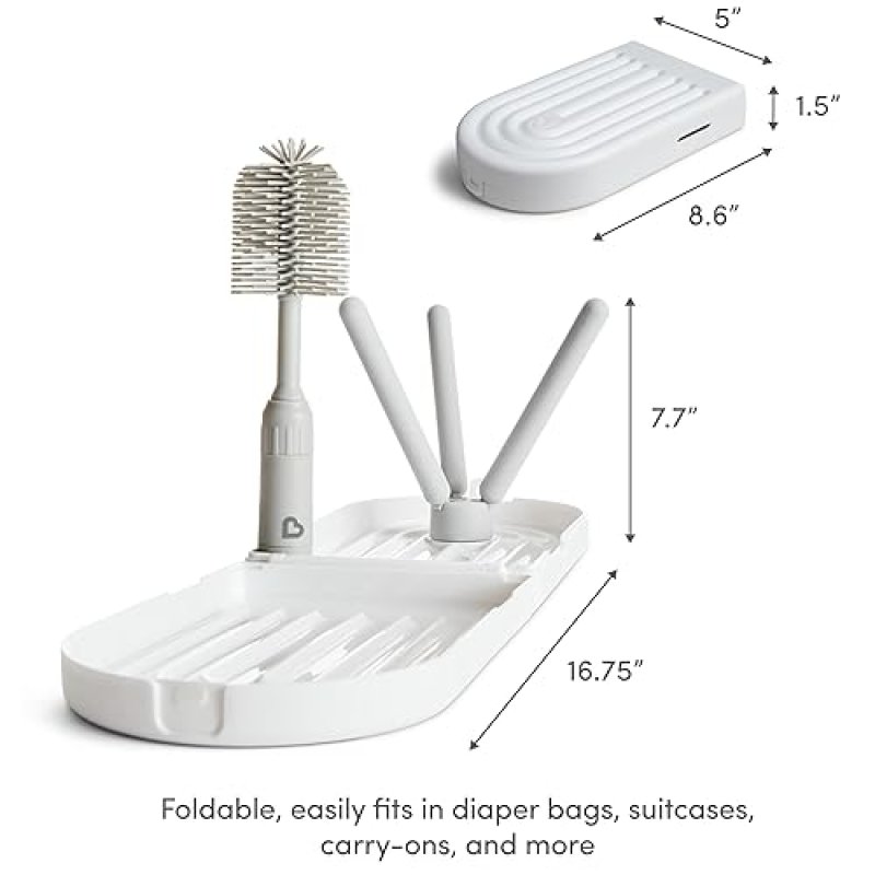 MUNCHKIN TRAVEL BABY BOTTLE DRYING RACK SILICONE BRUSH COMPACT, FOLDABLE, DIAPER BAG FRIENDLY