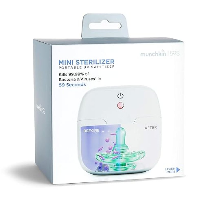 MUNCHKIN PORTABLE UV-C PACIFIER TEETHER CLEANER, KILLS GERMS ON-THE-GO, WHITE