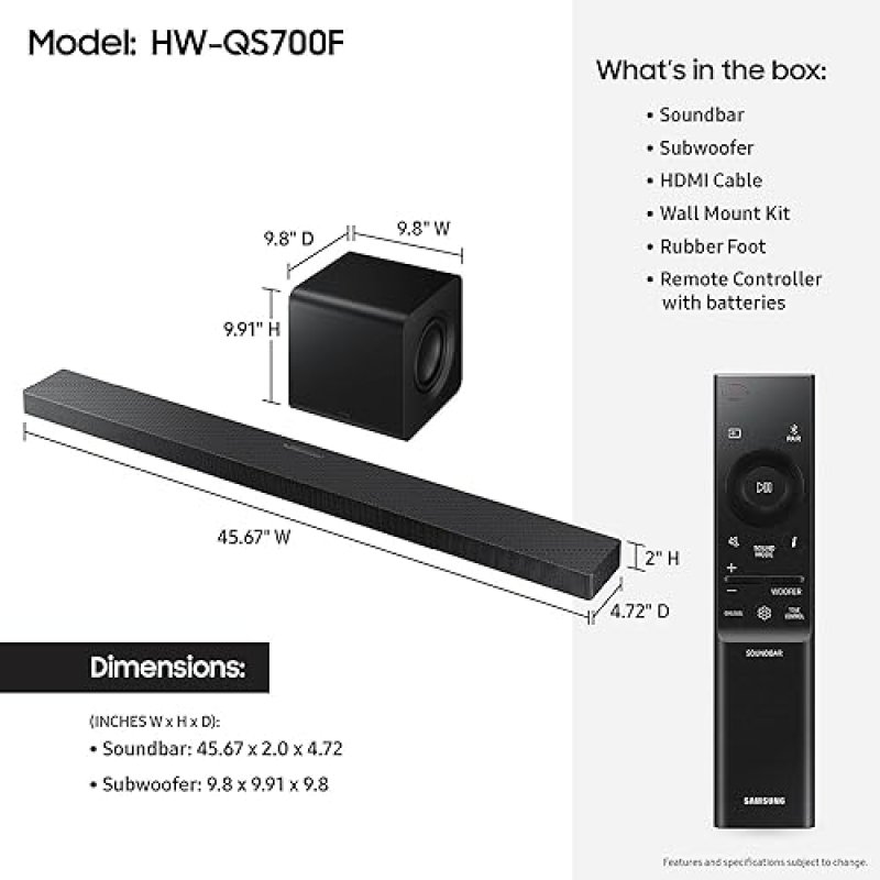 SAMSUNG HW-QS700F Q-SERIES 3.1.2CH SOUNDBAR 2025 WITH WIRELESS DOLBY ATMOS, SUBWOOFER, Q-SYMPHONY