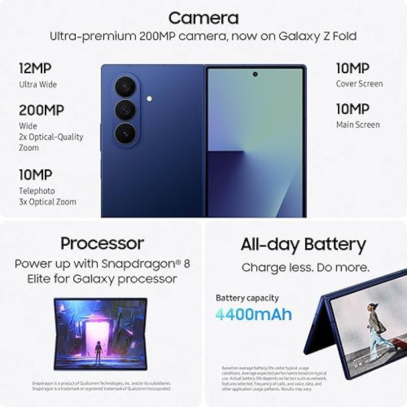 SAMSUNG GALAXY Z FOLD7 256GB UNLOCKED 5G SMARTPHONE, AI CAMERA, LARGE SCREEN, 2025, BLUE SHADOW