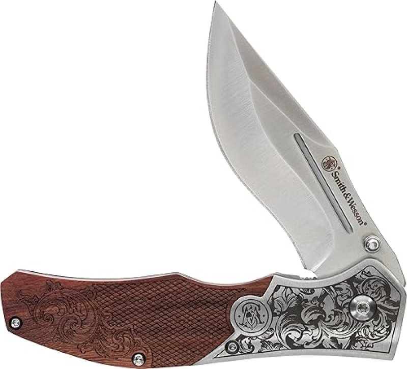 SMITH WESSON UNWAVERED FOLDING KNIFE ENGRAVED ROSEWOOD HANDLE, 8CR13MOV BLADE, BROWN