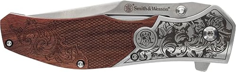 SMITH WESSON UNWAVERED FOLDING KNIFE ENGRAVED ROSEWOOD HANDLE, 8CR13MOV BLADE, BROWN