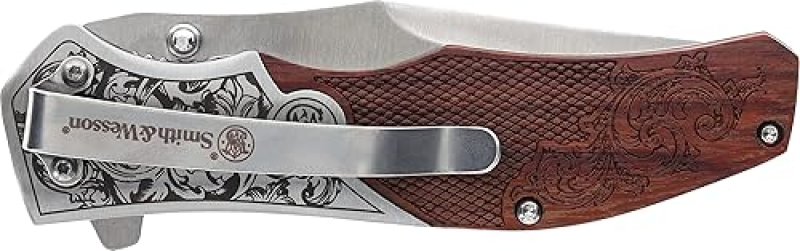 SMITH WESSON UNWAVERED FOLDING KNIFE ENGRAVED ROSEWOOD HANDLE, 8CR13MOV BLADE, BROWN