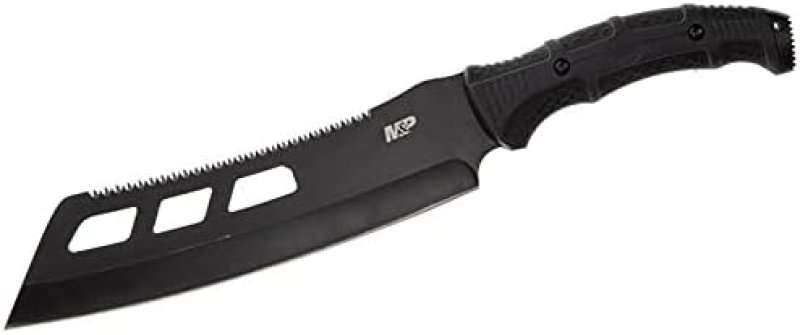 SMITH WESSON M P 16.5 FULL TANG MACHETE CLEAVER WITH SAWBACK, RUBBER HANDLE SHEATH - BLACK