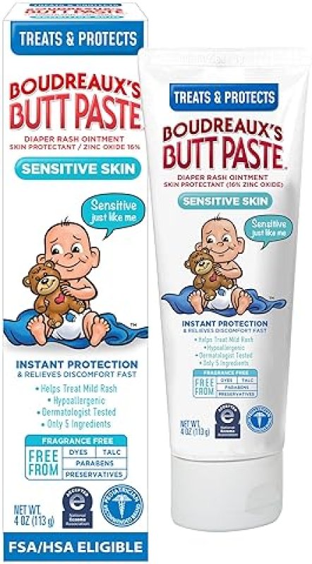 BOUDREAUXS BUTT PASTE SENSITIVE SKIN DIAPER RASH CREAM, BABY OINTMENT, 4 OZ TUBE