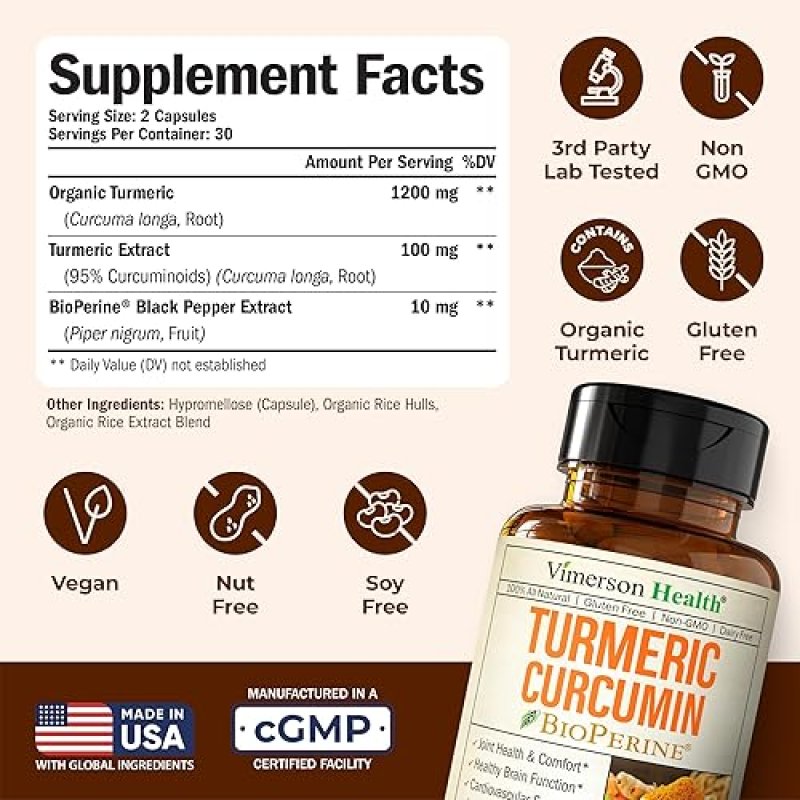 VIMERSON HEALTH ORGANIC TURMERIC CURCUMIN 1200MG WITH BLACK PEPPER 95 CURCUMINOIDS FOR JOINT DIGESTIVE SUPPORT 60 CA