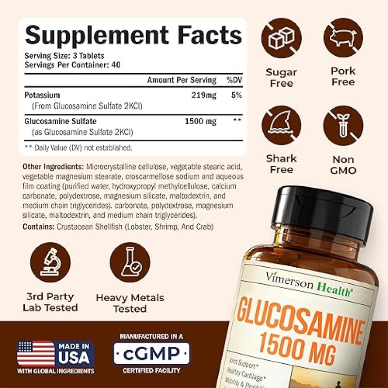 VIMERSON HEALTH GLUCOSAMINE SULFATE 1500MG TABLETS FSA ELIGIBLE JOINT SUPPORT FOR CARTILAGE, BONE DISCOMFORT RELIEF