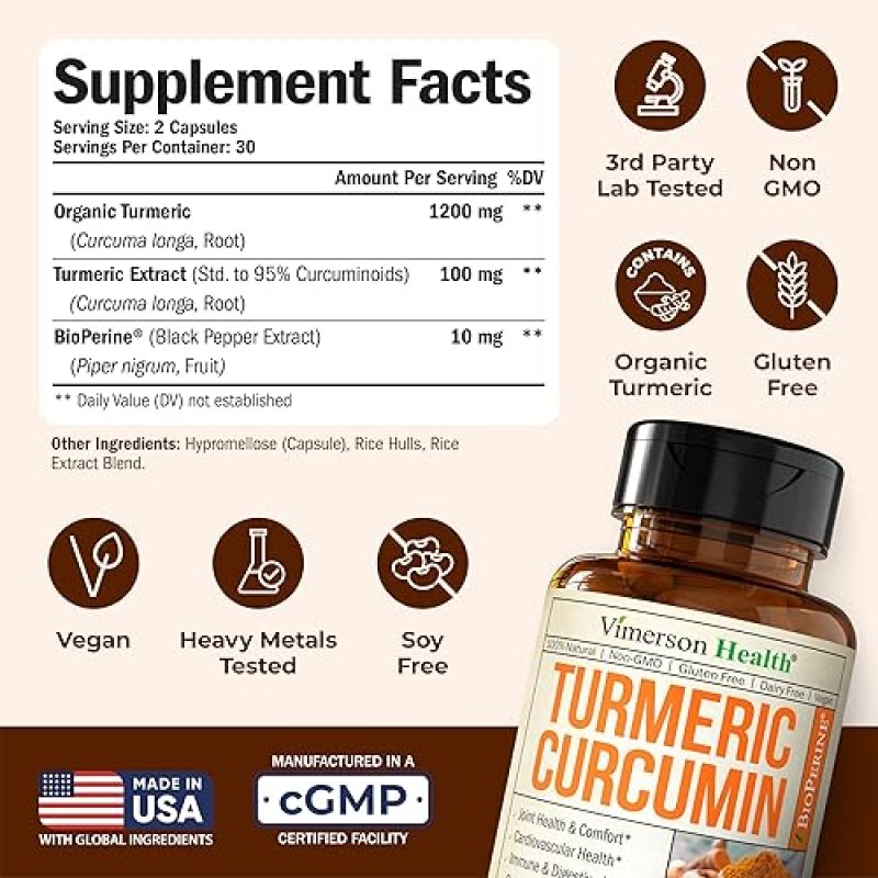 VIMERSON HEALTH ORGANIC TURMERIC CURCUMIN 1200MG WITH BLACK PEPPER 95 CURCUMINOIDS, JOINT DIGESTIVE SUPPORT, 60 VEGA