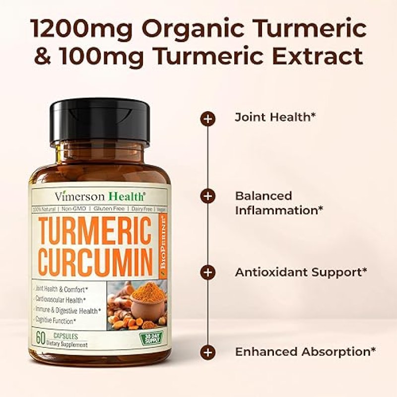 VIMERSON HEALTH ORGANIC TURMERIC CURCUMIN 1200MG WITH BLACK PEPPER 95 CURCUMINOIDS, JOINT DIGESTIVE SUPPORT, 60 VEGA