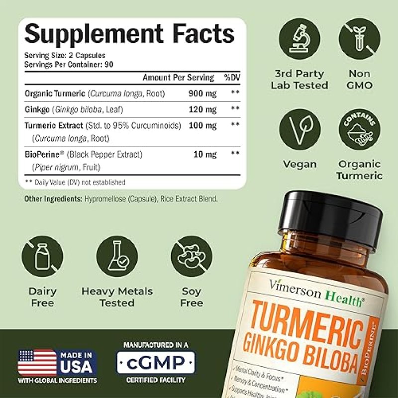 VIMERSON HEALTH GINKGO BILOBA TURMERIC CURCUMIN CAPSULES WITH BLACK PEPPER VEGAN SUPPLEMENT FOR BRAIN, MEMORY JOINT