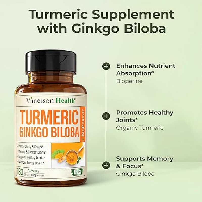 VIMERSON HEALTH GINKGO BILOBA TURMERIC CURCUMIN CAPSULES WITH BLACK PEPPER VEGAN SUPPLEMENT FOR BRAIN, MEMORY JOINT