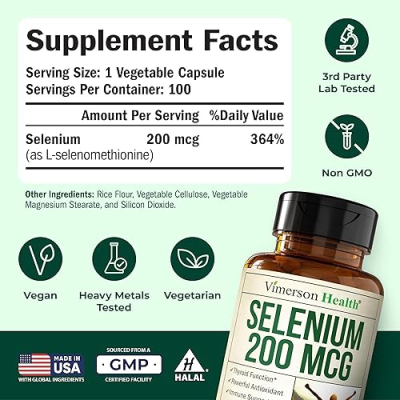 VIMERSON HEALTH SELENIUM 200 MCG CAPSULES HIGH POTENCY L-SELENOMETHIONINE SUPPLEMENT FOR THYROID IMMUNITY, 100CT