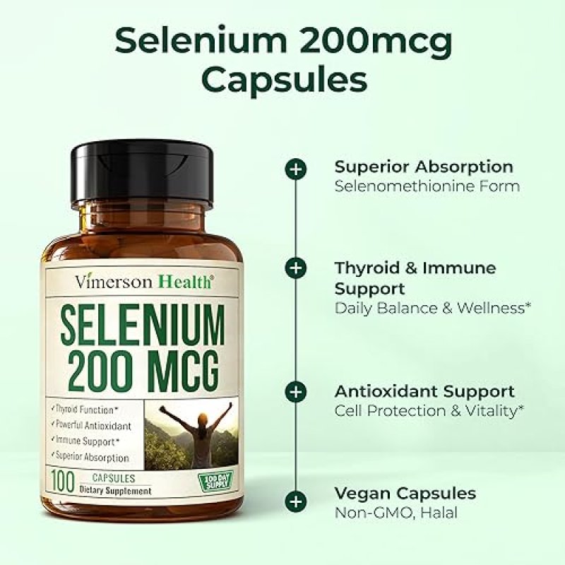 VIMERSON HEALTH SELENIUM 200 MCG CAPSULES HIGH POTENCY L-SELENOMETHIONINE SUPPLEMENT FOR THYROID IMMUNITY, 100CT