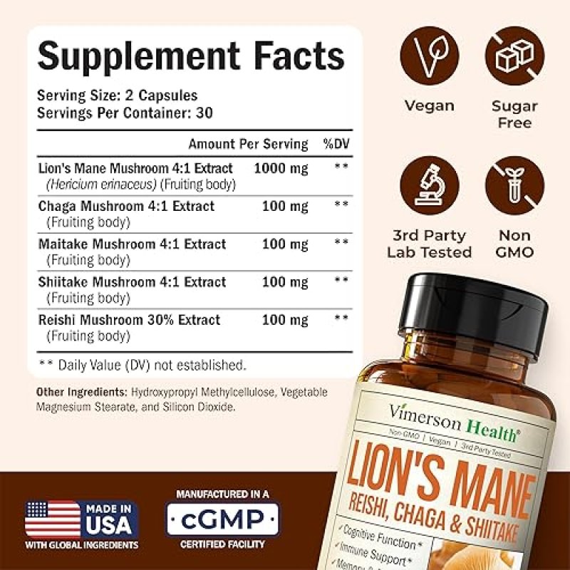 VIMERSON HEALTH LIONS MANE MUSHROOM CAPSULES FOCUS, ENERGY, MOOD IMMUNE SUPPORT NON-GMO, VEGAN, 60 COUNT