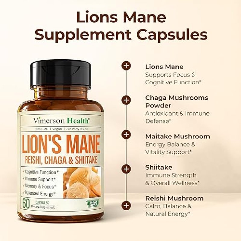 VIMERSON HEALTH LIONS MANE MUSHROOM CAPSULES FOCUS, ENERGY, MOOD IMMUNE SUPPORT NON-GMO, VEGAN, 60 COUNT