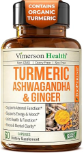 VIMERSON HEALTH ASHWAGANDHA TURMERIC CURCUMIN WITH GINGER BLACK PEPPER ORGANIC JOINT, ENERGY IMMUNE SUPPORT, 60 CAPS