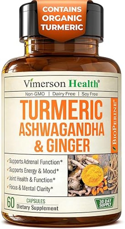 VIMERSON HEALTH ASHWAGANDHA TURMERIC CURCUMIN WITH GINGER BLACK PEPPER ORGANIC JOINT, ENERGY IMMUNE SUPPORT, 60 CAPS
